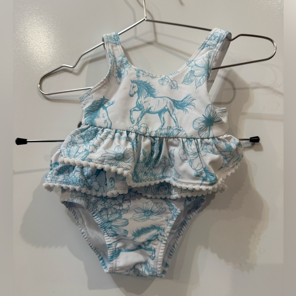 Posh Peanut Ruffle Romper & Bikini Set Girl 6 - 12 months Blue White Equestrian